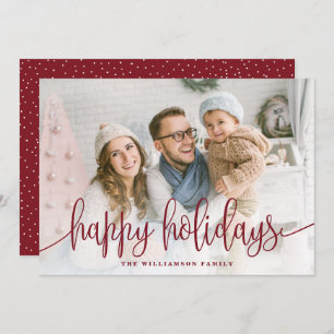 Elegant Script Full Photo Happy Holidays Red Holiday Card
