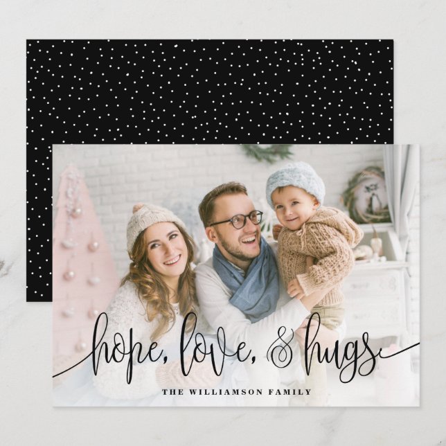 Elegant Script Full Photo Hope Love Hugs Black Holiday Card (Front/Back)