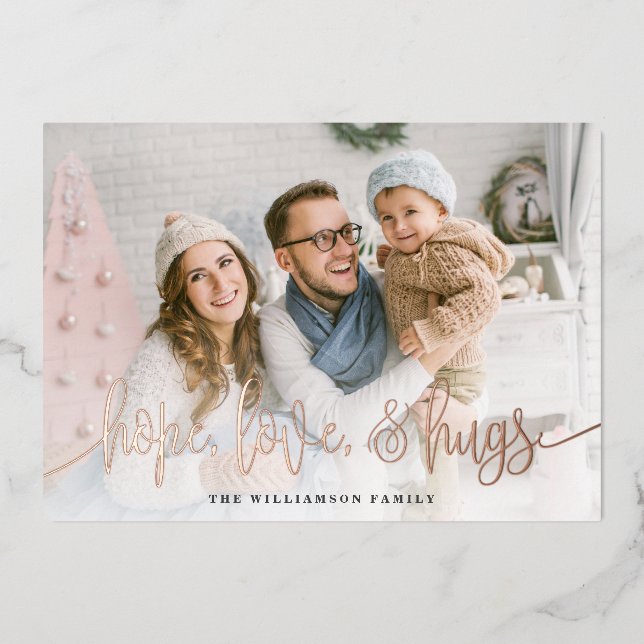 Elegant Script Full Photo Hope Love Hugs Christmas Foil Holiday Card (Front)