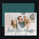 Elegant Script Full Photo Hope Love Hugs Green Holiday Card<br><div class="desc">Send love this season to your family and friends with these modern styled cards by Orabella Prints. Elegant text overlay reads, "hope, love, & hugs" in dark teal green over a white gradient overlay on the bottom of the card. The back features tiny white snow dots over a teal green...</div>