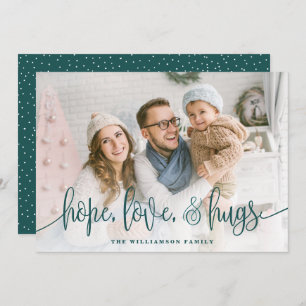 Elegant Script Full Photo Hope Love Hugs Green Holiday Card