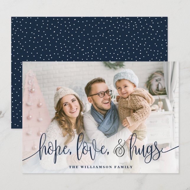 Elegant Script Full Photo Hope Love Hugs Navy Holiday Card (Front/Back)