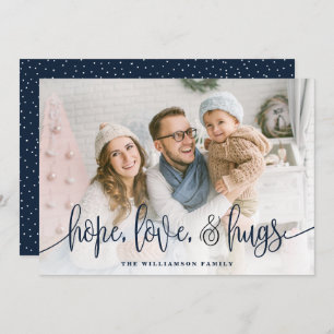 Elegant Script Full Photo Hope Love Hugs Navy Holiday Card