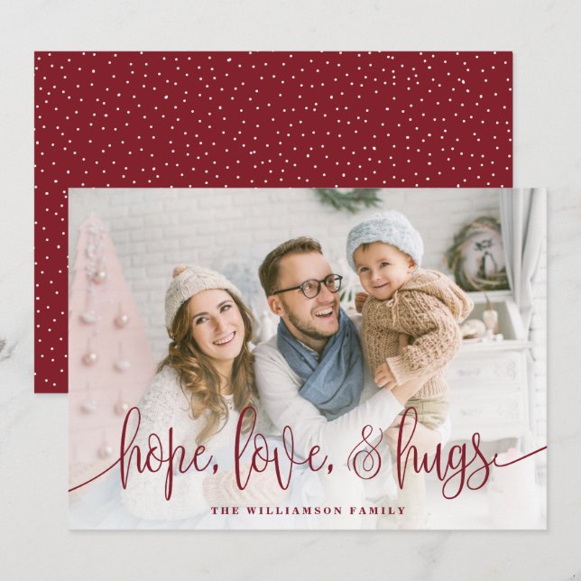 Elegant Script Full Photo Hope Love Hugs Red Holiday Card (Front/Back)