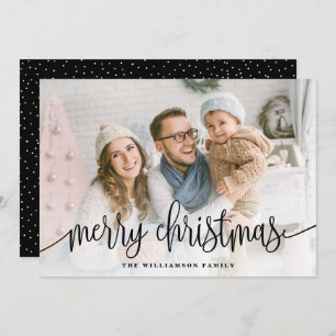 Elegant Script Full Photo Merry Christmas Black Holiday Card