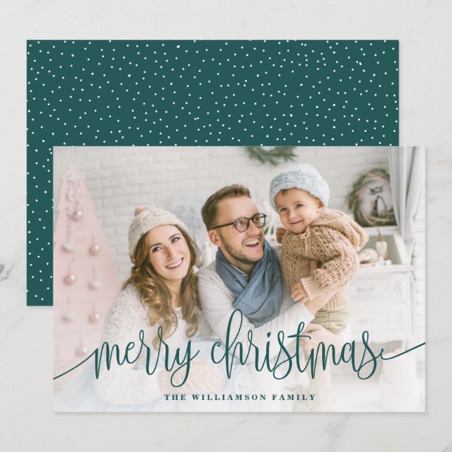 Elegant Script Full Photo Merry Christmas Teal Holiday Card (Front/Back)