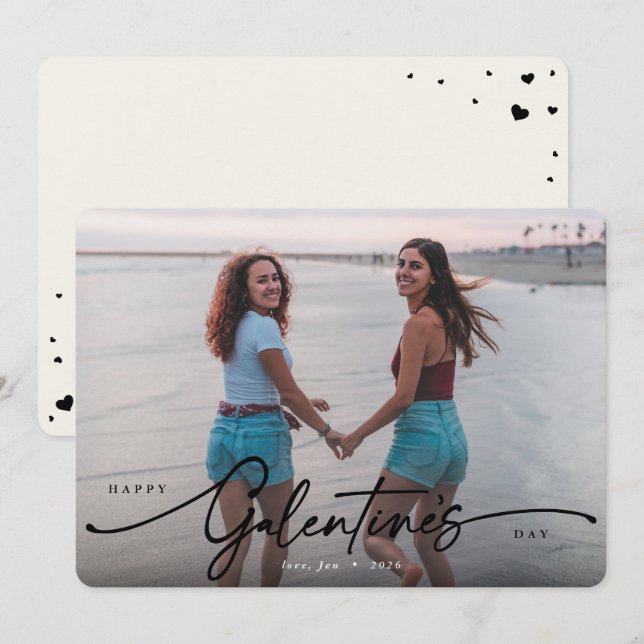 Elegant Script Galentine's Day Flat Photo Holiday Card (Front/Back)