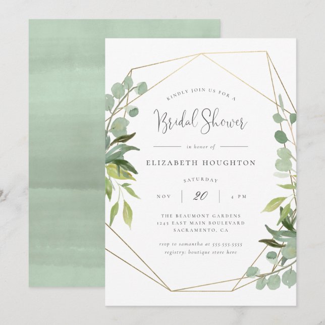 Elegant Script Geometric Greenery Bridal Shower Invitation (Front/Back)