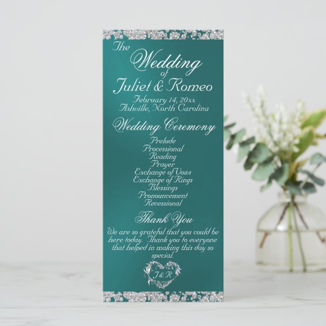 Elegant Script & Glitter - Teal Wedding Program (Standing Front)