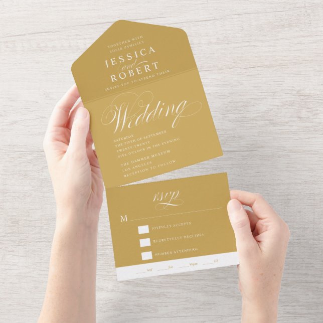 Elegant Script Gold and White Calligraphy Wedding All In One Invitation (Tearaway)