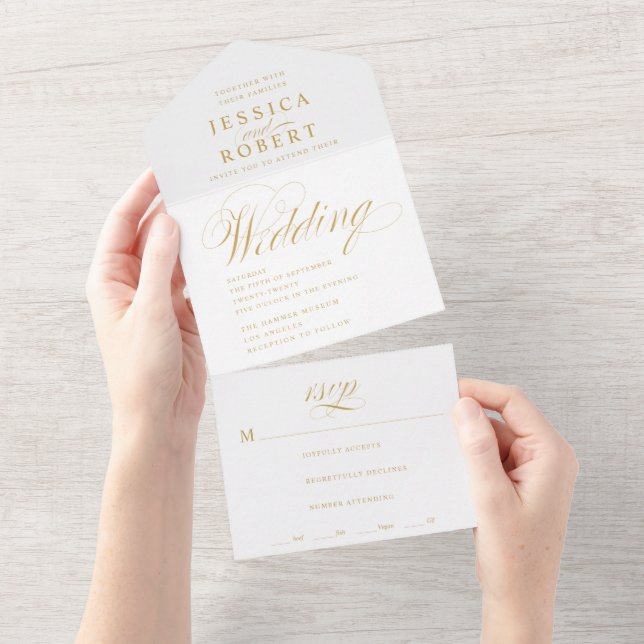 Elegant Script Gold and White Calligraphy Wedding All In One Invitation (Tearaway)