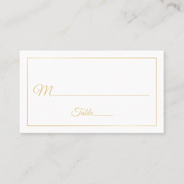 Elegant Script Gold and White Wedding Place Card (Front)