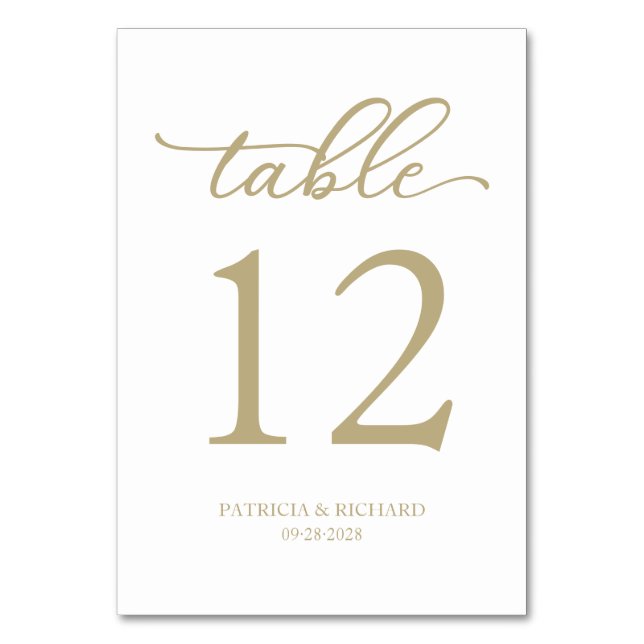 Elegant Script Gold and White Wedding Table Number (Front)