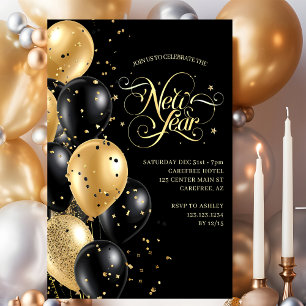 Elegant Script Gold Black New Years Eve Invitation