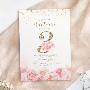 Elegant script gold & blush floral 3rd birthday invitation