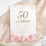 Elegant script gold & blush floral 50th birthday invitation<br><div class="desc">Modern chic "50 and fabulous" script,  trendy faux gold glitter and blush pink watercolor floral design,  elegant and stylish,  great 50th birthday party invitations.</div>