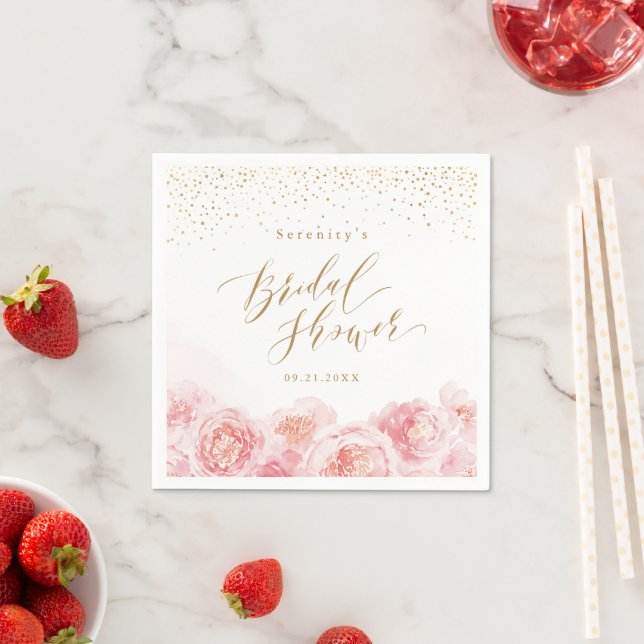 Elegant script gold & blush floral bridal shower napkin (Insitu)