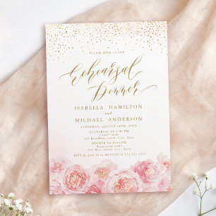 Elegant script gold blush floral rehearsal dinner invitation