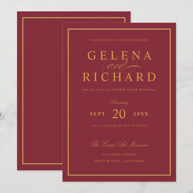 Elegant Script Gold Border Burgundy Wedding Invitation (Front/Back)
