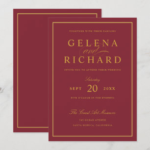 Elegant Script Gold Border Burgundy Wedding Invitation