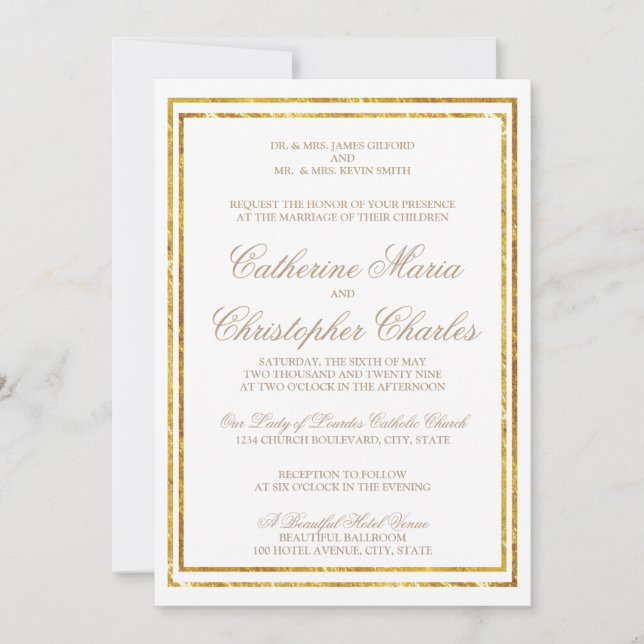 Elégant Script Gold Bordure Mariage Invitation (Devant)