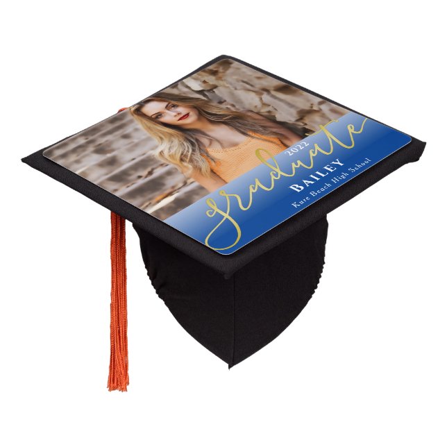 Elegant Script Gold Dark Navy Blue Ombre Photo Graduation Cap Topper (Angled)