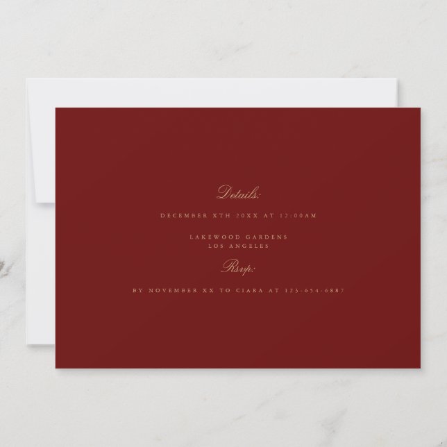 Élégant Script Gold Deep Red Rehearsal Carte dîner (Dos)