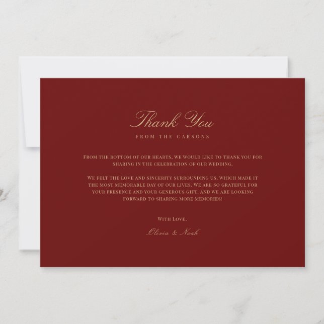 Elegant Script Gold & Deep Red Thank you Card (Front)