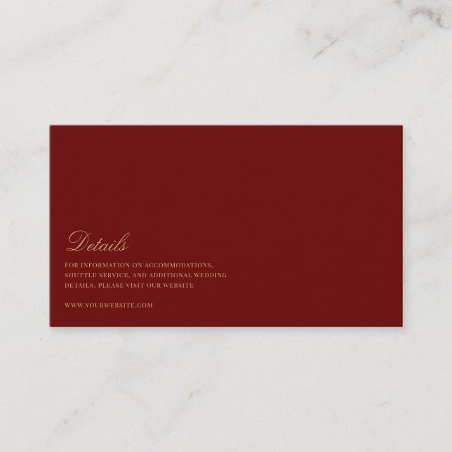 Elegant Script Gold & Deep Red Wedding Details  Enclosure Card (Front)