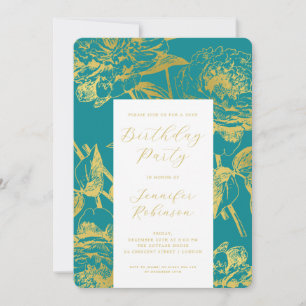 Elegant Script Gold Floral Birthday Party Teal  Invitation