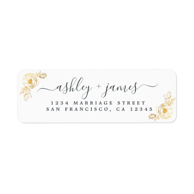 Elegant Script Gold Floral Wedding Return Address (Front)