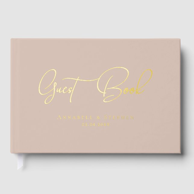 Elegant, Script Gold-Foil-Font Wedding Guest Book (Front)