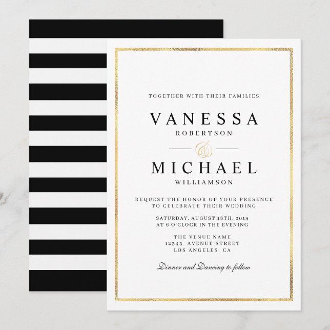 elegant script gold foil wedding invitation (Front/Back)