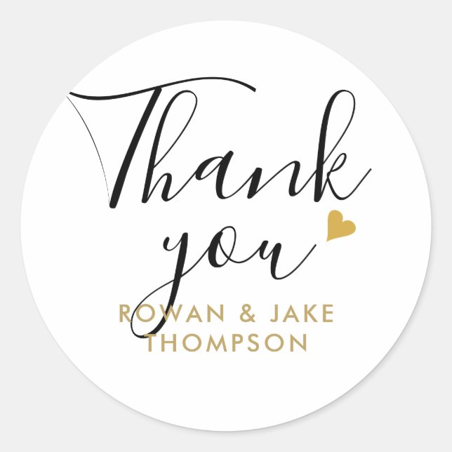 Elegant Script Gold Heart Modern Thank You Classic Round Sticker (Front)