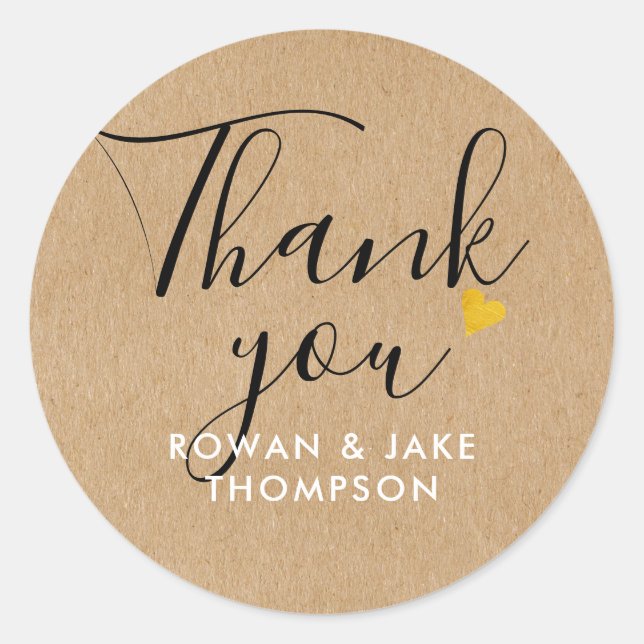 Elegant Script Gold Heart Rustic Kraft Thank You Classic Round Sticker (Front)