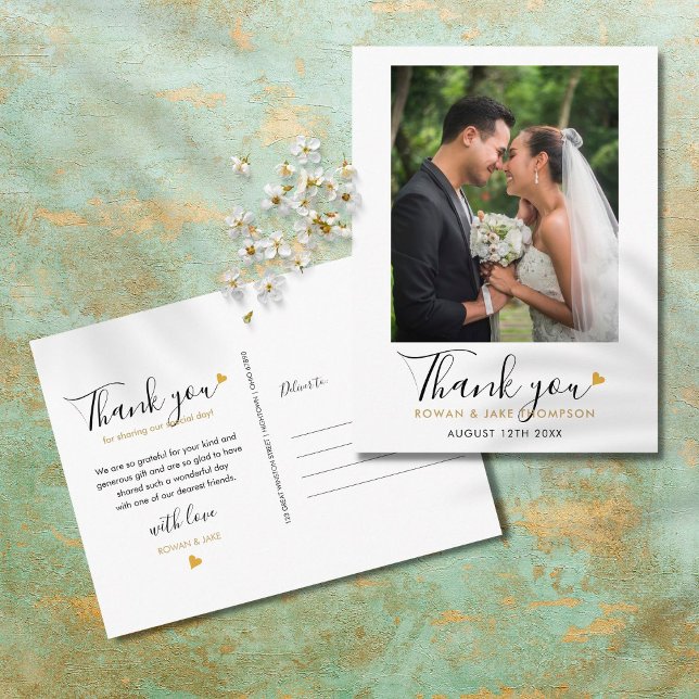 Elegant Script Gold Heart Wedding Photo Thank You Postcard (Creator Uploaded)