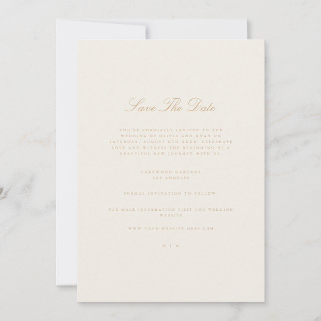 Elegant Script Gold & Ivory Save The Date Card (Front)