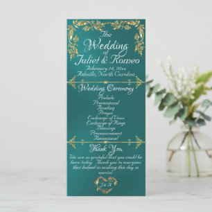 Elegant Script & Gold Leaves - Teal Wedding Program
