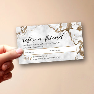 Elegant Script Gold Marble Spa Nails Beauty Salon Referral Card