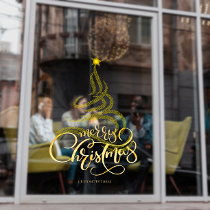 Elegant Script Gold Merry Christmas Tree Business Window Cling