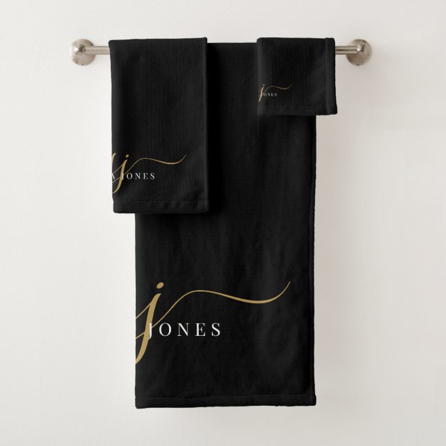 Elegant Script Gold Monogram Initials Name Black Bath Towel Set (Insitu)