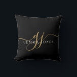 Elegant Script Gold Monogram Initials Name Black Throw Pillow<br><div class="desc">A chic modern stylish throw pillow featuring a gold black monogram with a dramatic script initial with swashes and your full name. Simple elegance. The background has a visual textured effect. Gold on black.</div>
