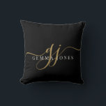 Elegant Script Gold Monogram Initials Name Black Throw Pillow<br><div class="desc">A chic modern stylish throw pillow featuring a gold black monogram with a dramatic script initial with swashes and your full name. Simple elegance. The background has a visual textured effect. Gold on black.</div>