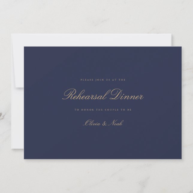 Elegant Script Gold & Navy Rehearsal Dinner Card (Front)