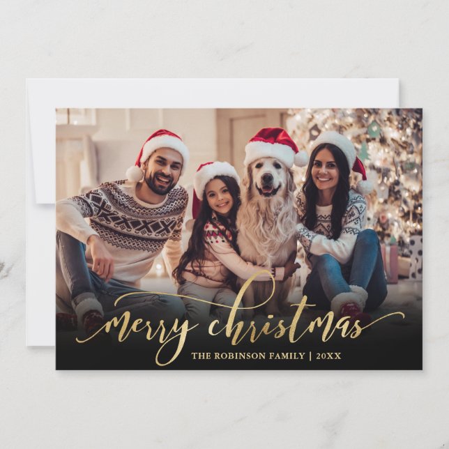 Elegant Script Gold Script Black 2 Photo Christmas Holiday Card (Front)