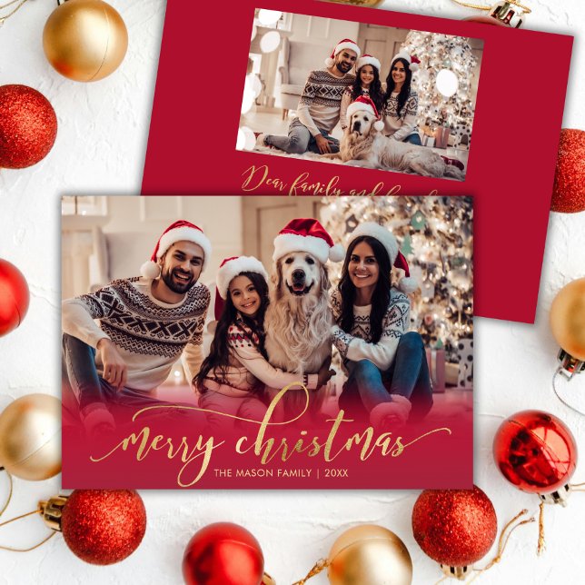 Elegant Script Gold Script Red 2 Photo Christmas Holiday Card (Creator Uploaded)