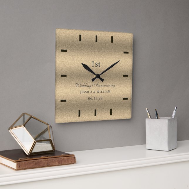 Elegant Script Gold Wedding Anniversary Keepsake Square Wall Clock (Office)