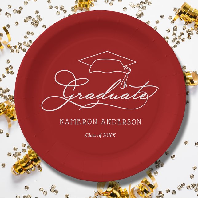 Elegant Script Grad Cap Cardinal Red Graduation Paper Plate (White script grad cap on cardinal red personalized graduation paper plates, napkins in our store)