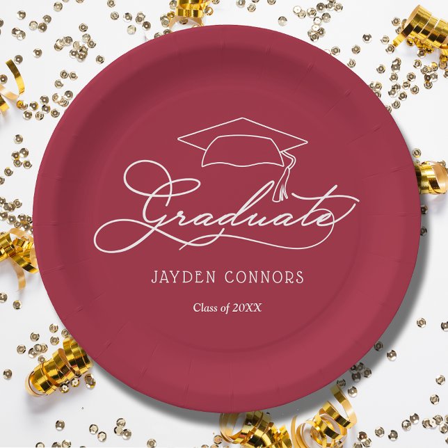 Elegant Script Grad Cap Crimson Red Graduation Paper Plate (White script grad cap on crimson red personalized graduation paper plates, napkins in our store)