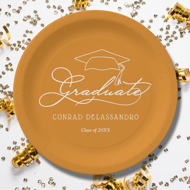 Elegant Script Grad Cap Light Orange Graduation Paper Plate (White script grad cap on light orange personalized graduation paper plates, napkins in our store)